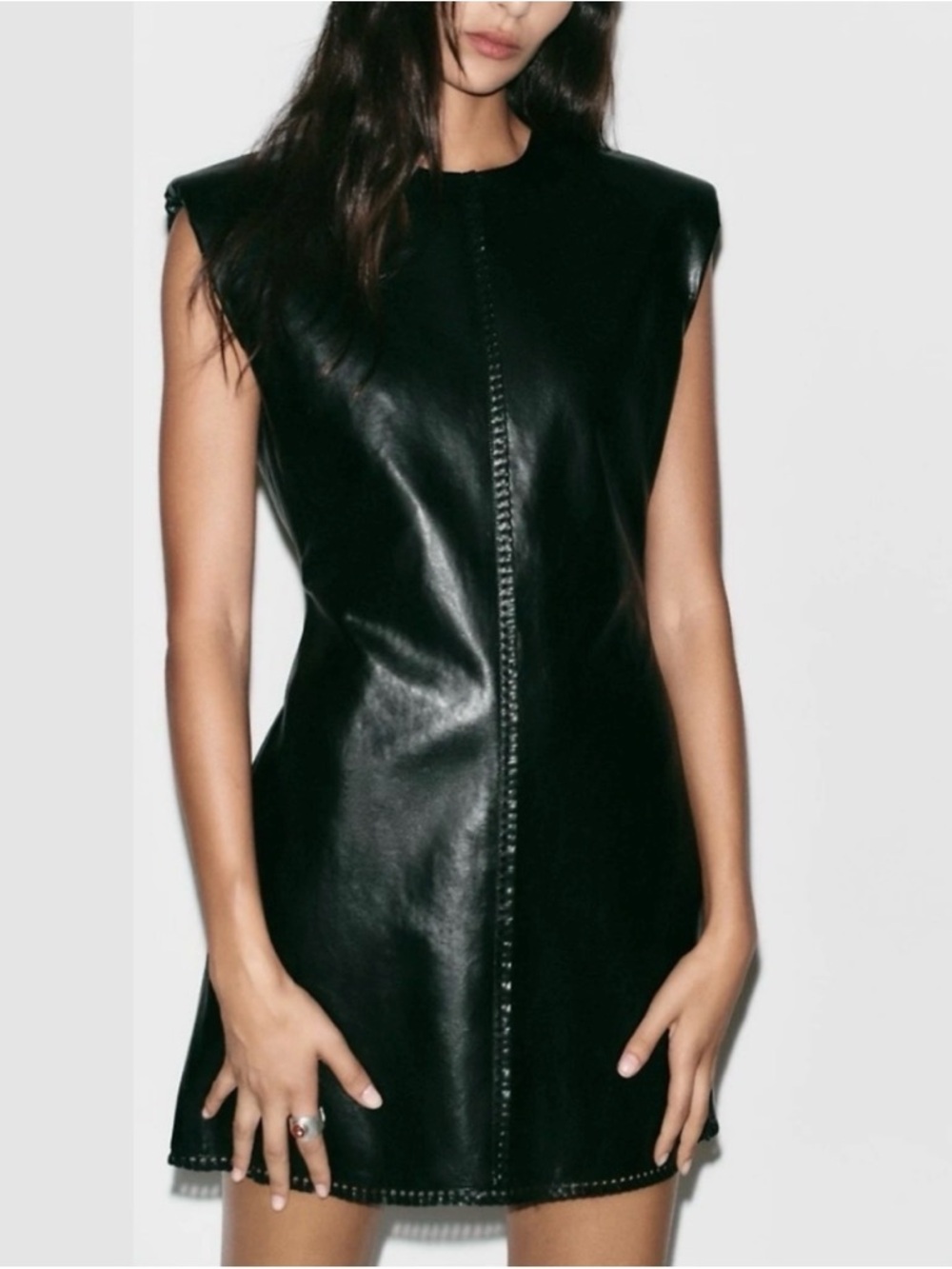 Zara Black Structured Faux Leather Stitched Mini Dress Party Cocktail Size Small